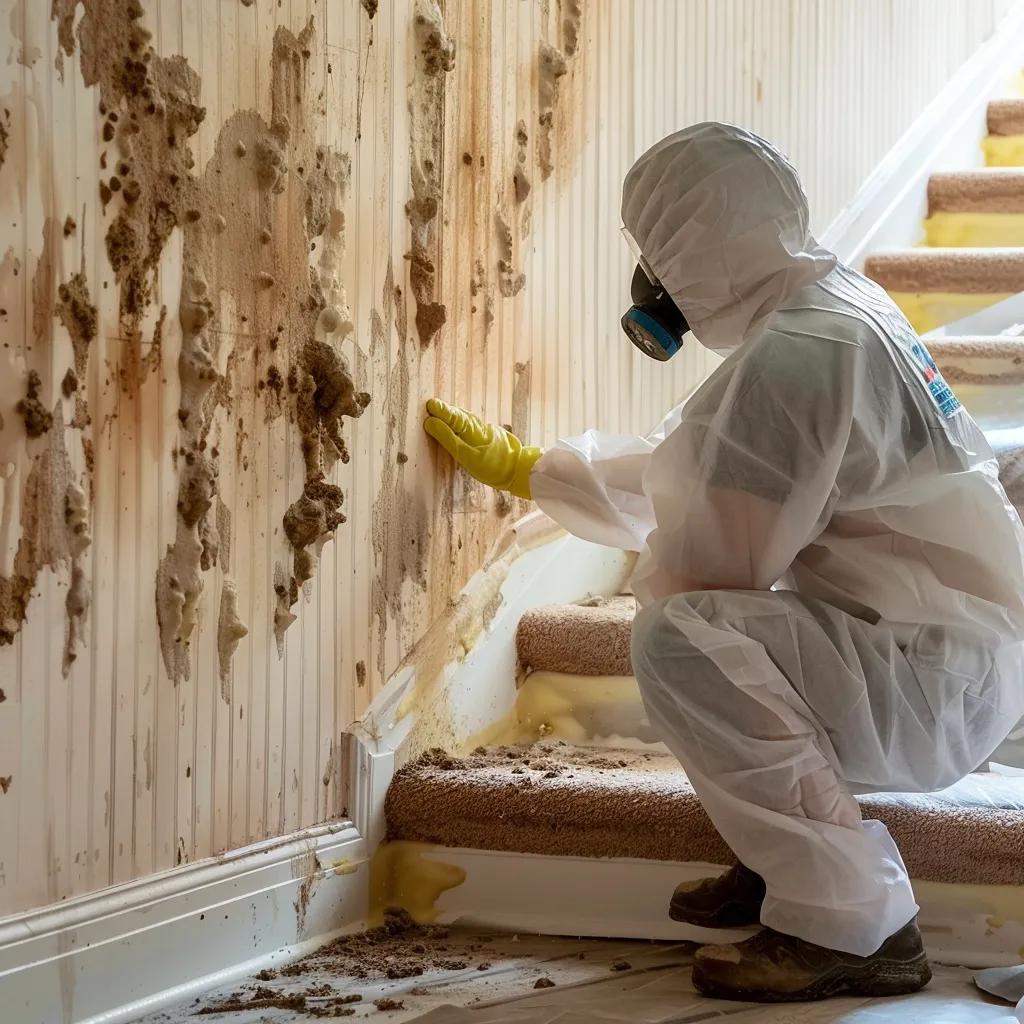 Technician applying antimicrobial treatment during mold remediation process