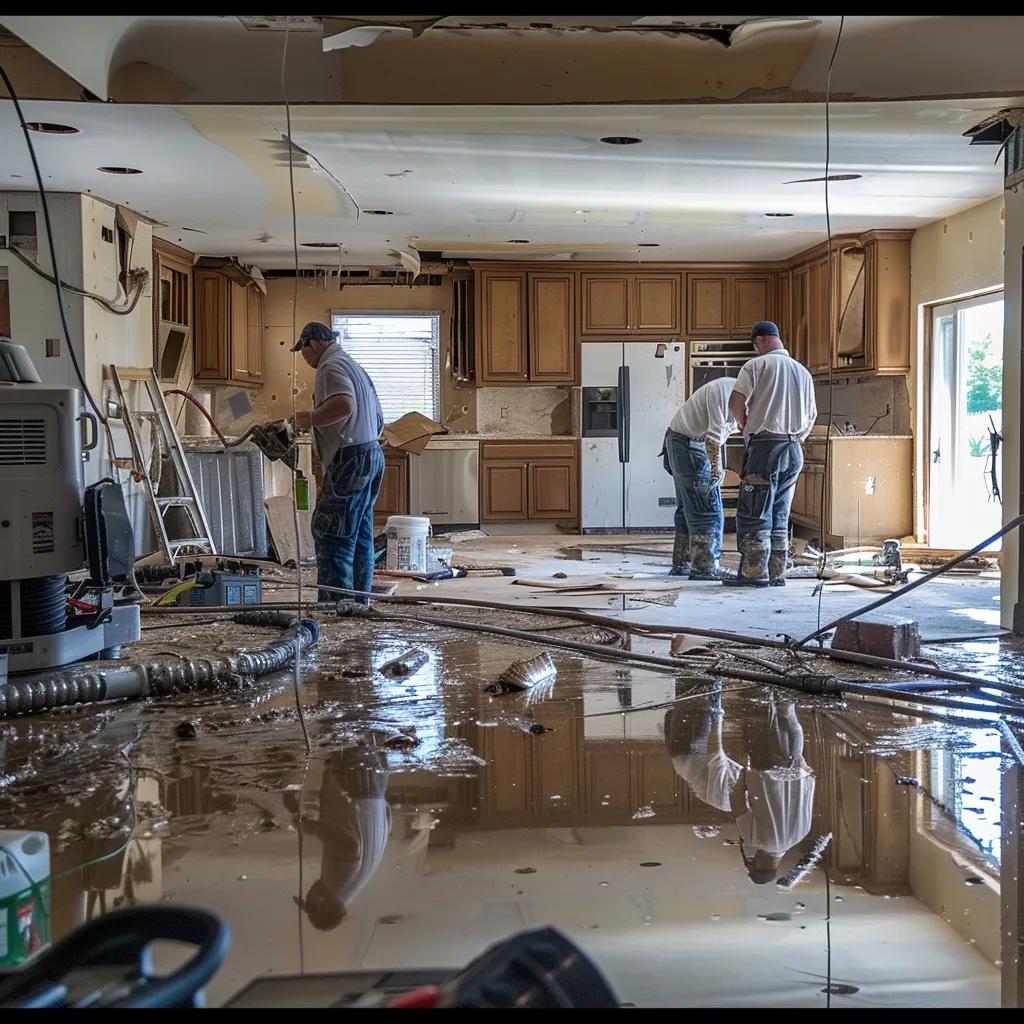 Restoration team using industrial equipment to address water damage in a home