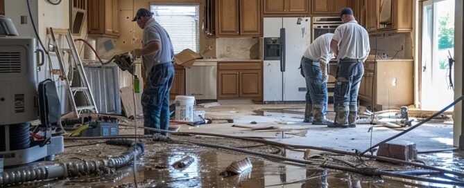 Restoration team using industrial equipment to address water damage in a home