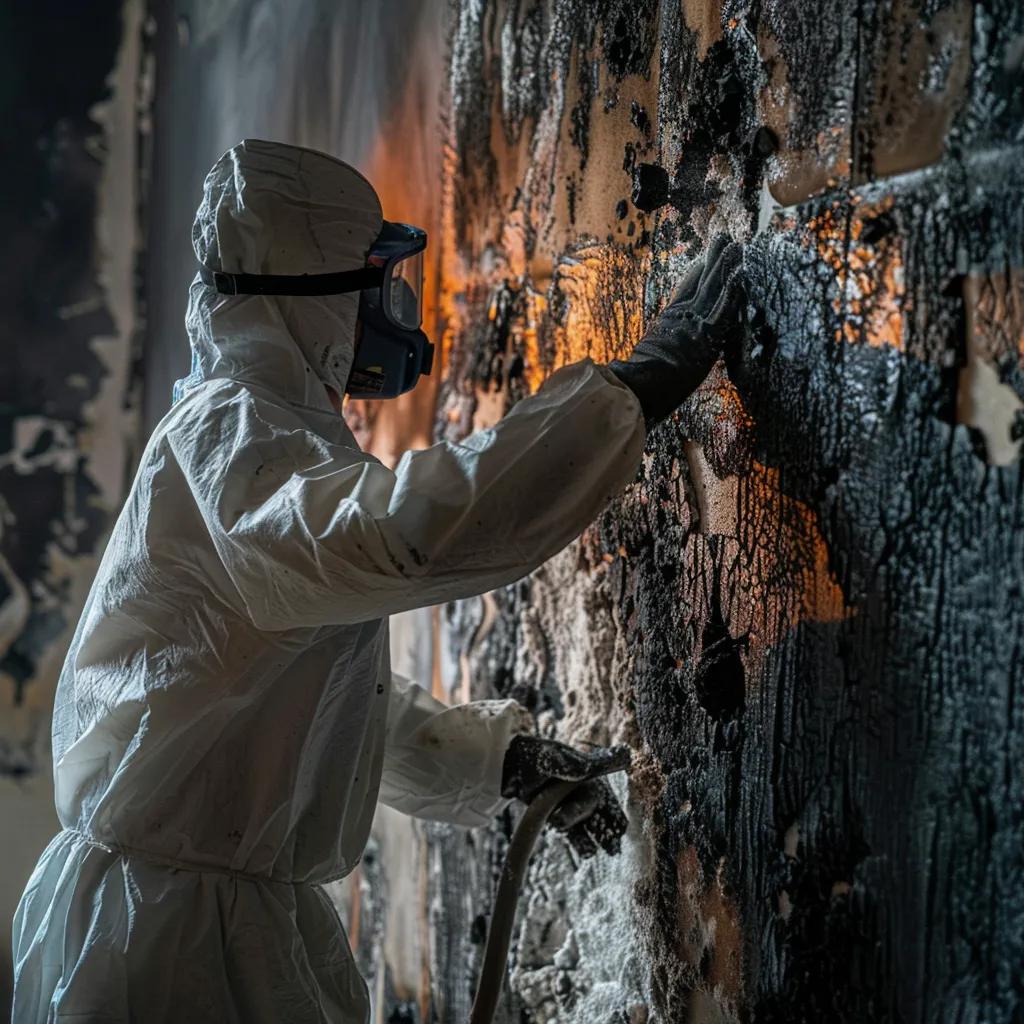 Technician cleaning soot from a wall during fire damage restoration